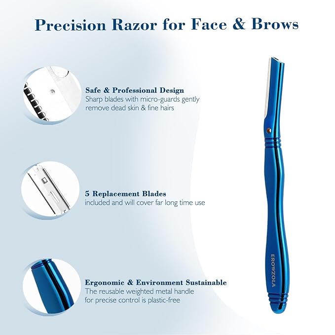 Eyebrow Razor for Women and Men, Face Razors for Women, Dermaplane Razor with Protective Silicone Cover, Reusable Metal Handle with 6 Refill Blades, Skin Care Tool - Blue