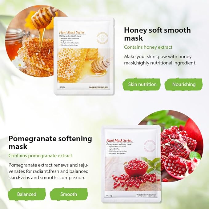 6 PCS Real Hydrating Avocado Honey Pomegranate Aloe Vera Nature Face Masks Skincare, Hyaluronic Acid, Vitamin C and E, Korean Beauty Essence Facial Paper Sheet Mask for Skin Care Moisturizing
