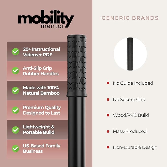 Yoga Stick Made from Natural Bamboo - 5ft Stretching Stick for All Fitness Levels - Stretch Stick with Non-Slip Handles for Mobility, Balance & Physical Therapy - Access 20+ Online Video & PDF Guides