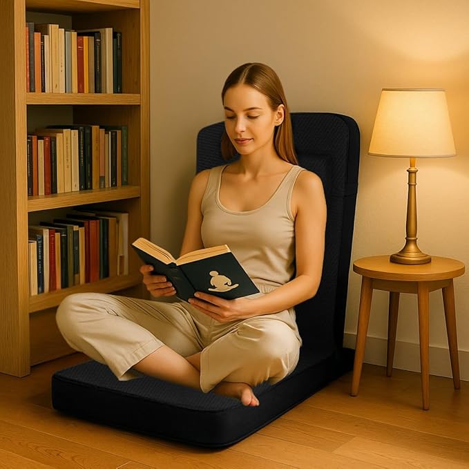 Friends Of Meditation Relaxing Buddha Meditation Chair | Detachable Rectangular Back Support & Zafu Cushion | Portable Folding Chair | with Back Support | Yoga Chairs for Adults | Black