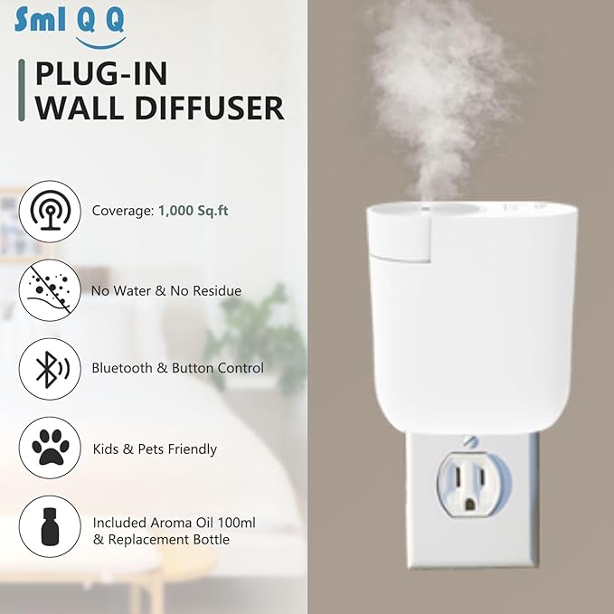 2025 Waterless Plug in Wall Diffuser, Mini Home Fragrance Diffuser for Large Room 1,000 Sq.ft Coverage, Wireless Portable Aromatherapy Set - Included 100ml Oil and Replacement Bottle