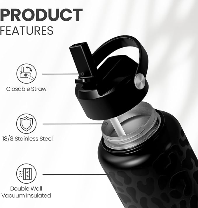 SANDJEST Leopard Water Bottle 32oz Stainless Steel Double Wall Vacuum Insulated with Lid, Leopard Print Water Bottles for Gym Sports Travel Outdoor, Gifts for Women Girls Ladies Birthday Christmas