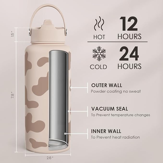 Cow Print Water Bottle 32oz Stainless Steel with Lid, Insulated Bottles for Sports Travel Outdoor, Gifts for Women Girls Birthday Christmas