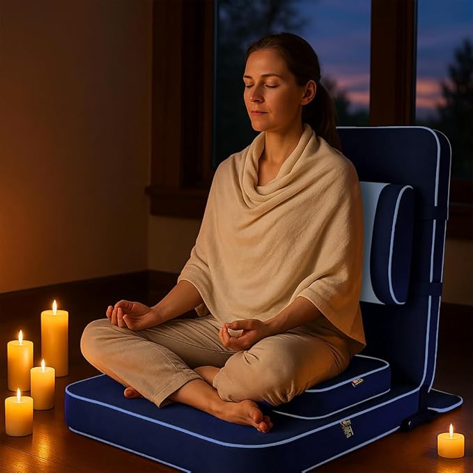 Friends Of Meditation Extra Large Meditation Chair | Floor Chair with Back Support | Yoga Chairs for Adults | Portable Folding Chair | Yoga Chair with Cushion & Meditation Block | Navy Blue | 24x22 in