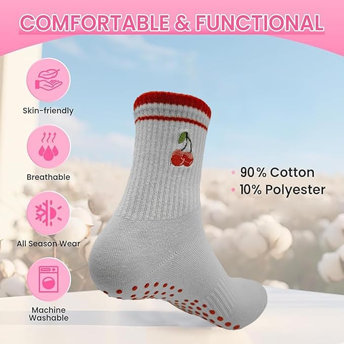 DADAB Cute Pilates Grip Socks for Women – Yoga Grippy Non Slip Barre Sticky Crew Socks for Workout, Hospital Use