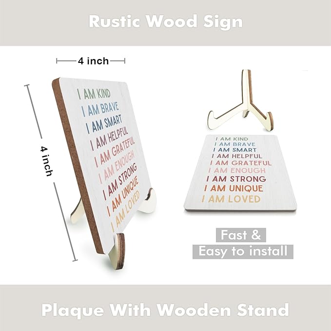 Decorative Desk Decor Motivational I Am Kind Affirmations Positive Plaque with Wooden Stand Inspirational Wood Sign for Nursery Playroom Homeschool Classroom Reading Corner Table Shelf