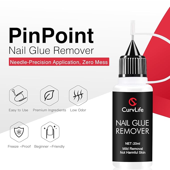 Curvlife 10g Semi-Solid Glue and 20ml Pinpoint Glue Remover Kit - Gel for Press on Nails, Quick Dry No UV Lamp Needed with Gentle Non-Acetone Remover, Fake Nail Tips