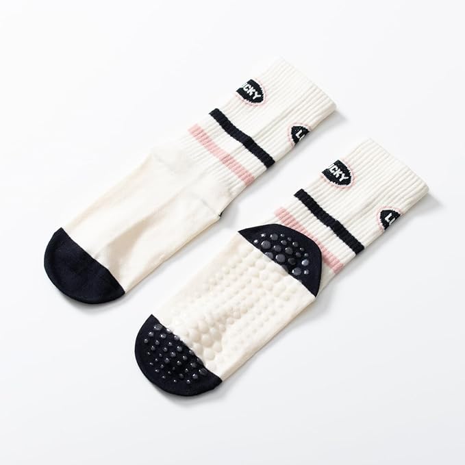 Yoga Pilates Socks with Grips for Women Non Slip Striped Cushioned Crew Socks for Barre Ballet Dance