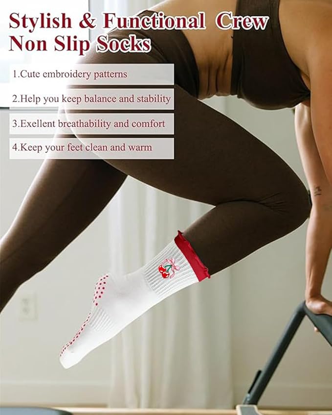 DADAB Cute Pilates Grip Socks for Women – Yoga Grippy Non Slip Barre Sticky Crew Socks for Workout, Hospital Use