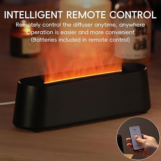 Essential Oil Diffuser, Fireplace Fire Flame Aromatherapy Diffuser, 250ml Cool Mist Humidifier, Scent Aroma Diffuser with 7 Colors Light, Remote Control, Timer & Auto-Off for Home, Room (Black)