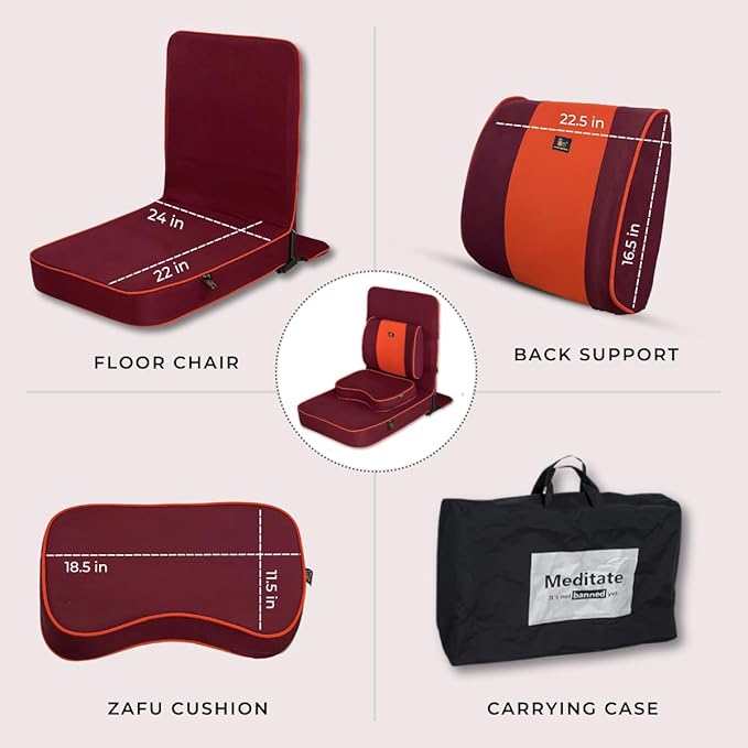 Friends Of Meditation Extra Large Meditation Chair | Floor Chair with Back Support | Yoga Chairs for Adults | Portable Folding Chair | Yoga Chair with Cushion & Meditation Block | Maroon | 24x22 in