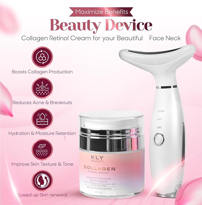 KLY Beauty 7-in-1 Beauty Facial Massager for Face and Neck – Thermal & Vibrating Facial Tool for Wrinkle Reduction, Skin Firming, Skin Lifting and Skin toning| With Retinol Collagen Creme