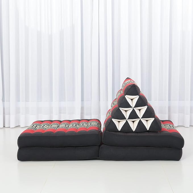 Leewadee Comfortable Japanese Floor Mattress - Thai Floor Bed with Triangle Cushion - Futon Mattress - XL Extra Long Thai Massage Mat, 89 x 20 inches, Black Red, Kapok Filling
