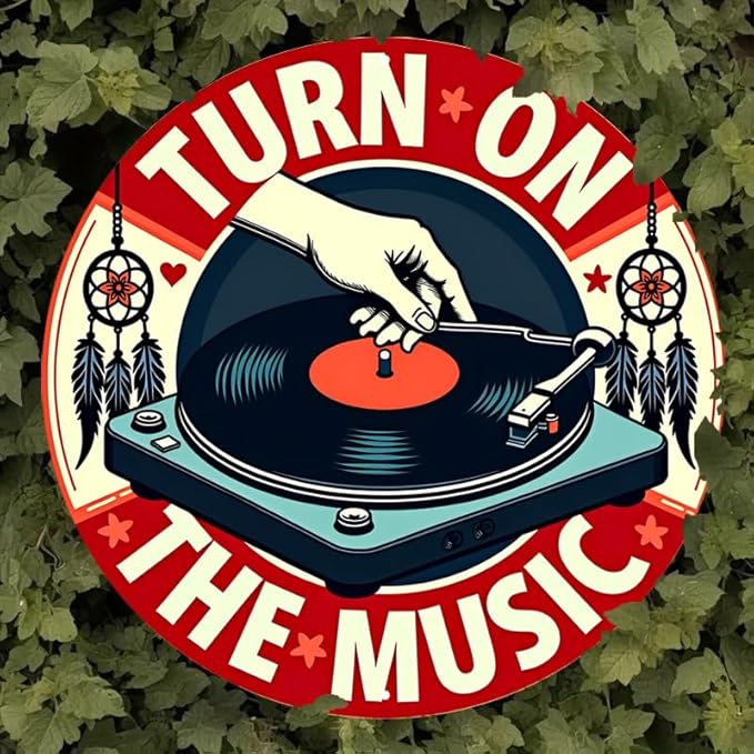 1pc Vintage Turn On The Music Vinyl Record Tin Sign, Retro Style Aluminum Wall Art, Rustic Metal Decor Plaque, 8x8", with No Electricity Needed, Cafe - Multipurpose Wall Hanging