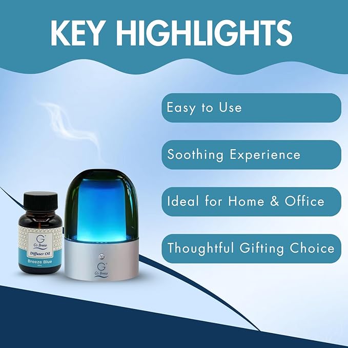 G's Breeze Smart Aroma Diffuser with 60ml Breeze Blue Scent Refill – Bluetooth & Wi-Fi App Control - LED Lighting, Adjustable Intensity - Long-Lasting Fresh Aquatic Fragrance for Home or Office