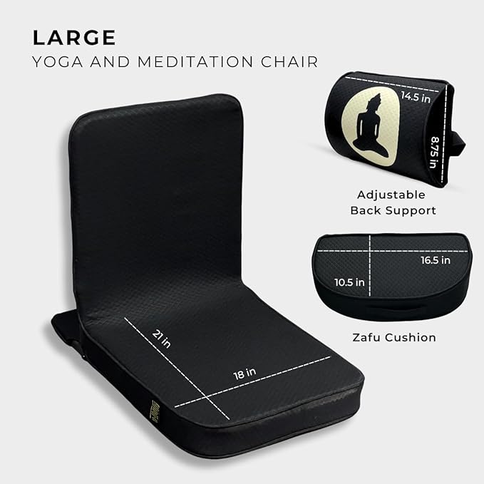 Friends Of Meditation Relaxing Buddha Meditation Chair | Detachable Rectangular Back Support & Zafu Cushion | Portable Folding Chair | with Back Support | Yoga Chairs for Adults | Black