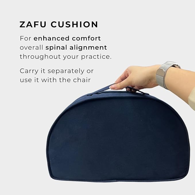 Friends Of Meditation Relaxing Buddha Meditation Chair | Detachable Rectangular Back Support & Zafu Cushion | Portable Folding Chair | with Back Support | Yoga Chairs for Adults | Navy Blue