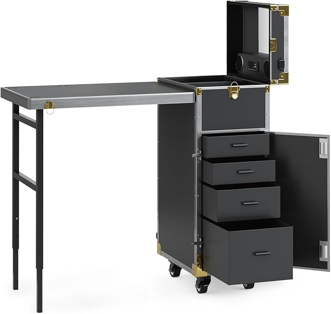 Icoget Portable Rolling Manicure Table for Nail Teach, Foldable Traveling Nail Desk w/Storage, Mobile Nail Table w/Audio and Mirror, Makeup Train Case Cosmetic Trolley, Black