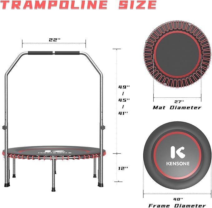 40/48" Low-Impact Rebounder Trampoline for Adults with Bungee, 450/550LBS Quiet Mini Exercise Trampoline with Adjustable U/T-Shaped Foam Handle Bar, Fitness Equipment for Indoor/Gym Workout