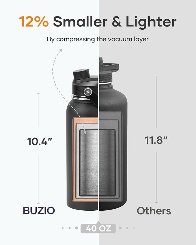BUZIO 40oz Insulated Water Bottle, Stainless Steel Water Flask with Straw Lid and carrying pouch, Keep Cold 48h Leak Proof Double Wall Vacuum Travel Mug Metal Canteen for Gym Camp Beach, Black