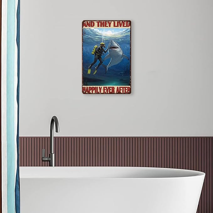 Diver And Shark Metal Tin Sign 8x12 Inch And They Lived Happily Ever After Poster Diver And Shark Tin Sign Home Kitchen Garden Bar Restaurant Cafe Office Shop Cave Man Are Wall Decor