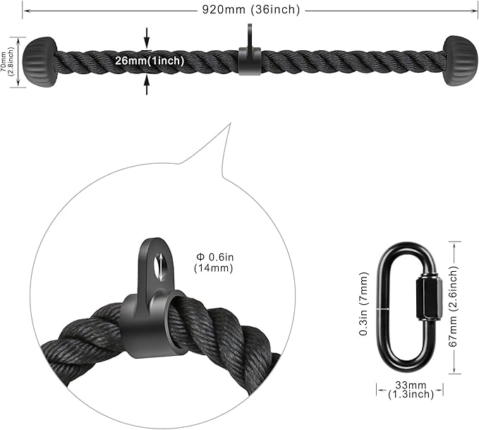 SELEWARE Triceps Rope with Non-Slip Soft Rubber Ends Home Gym Cable Attachment Workout Accessories 28 & 36 inches Long LAT Pulldown Attachment Black and Orange
