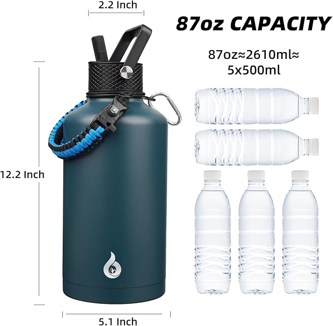 BJPKPK 2/3 Gallon Water Bottle with Straw Lid, 50oz, 64oz, 87oz, 128oz Large, Stainless Steel Water Bottles with 3 Lids and Paracord Handle, Double Wall Vacuum Metal Jug, Navy Blue
