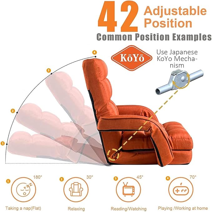 Floor Chair, Chaise Lounge Indoor, 14-Position Adjustable Folding Lazy Sofa with a Pillow Padded Adults Gaming Chairs for Living Room, Bedroom Factory Price (Orange) 8803OR