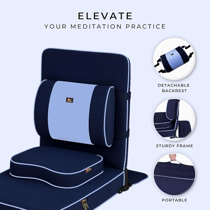 Friends Of Meditation Extra Large Meditation Chair | Floor Chair with Back Support | Yoga Chairs for Adults | Portable Folding Chair | Yoga Chair with Cushion & Meditation Block | Navy Blue | 24x22 in