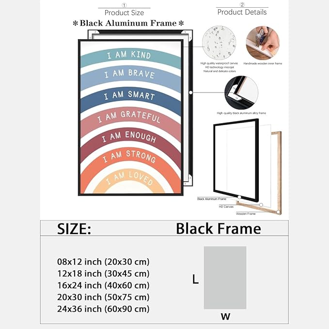 I am Kind Brave Loved Enough Motivational Canvas Wall Art Print Rainbow Quote Inspirational Art Poster Trendy Office Affirmation Wall Decor Minimalist Picture Painting Home Decor 24x36inch black framed