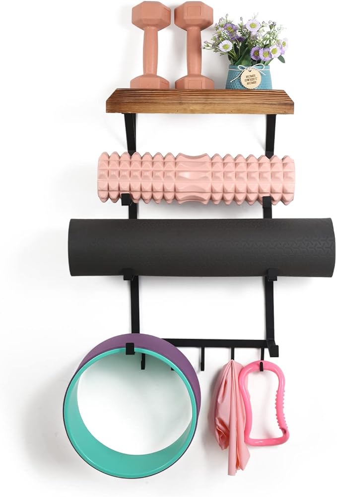 Yoga Mat Holder Wall Mount,17" x 28" Yoga Mat Rack Home Gym Accessories, Storage for Foam Roller, with Wood Floating Shelves and 5 Hooks for Hanging Yoga Strap and Resistance Bands