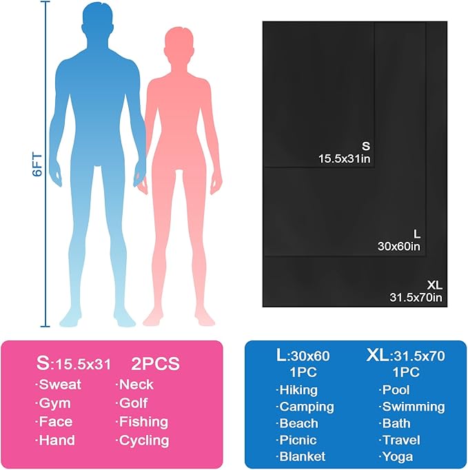 Microfiber Camping Towel Small Lightweight Quick Dry Towels for Gym Face Neck Body Sweat Golf Cycling Hiking (Black, 2 Pack S)