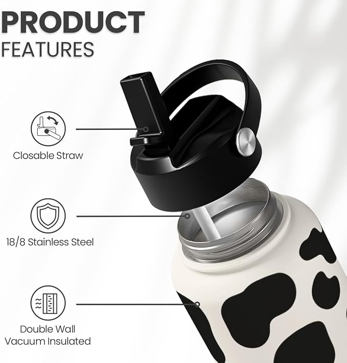 Cow Print Water Bottle 32oz Stainless Steel Vacuum Insulated with Lid, Cow Water Bottles for Gym Sports Travel Outdoor, Cow Gifts for Women Girls Birthday Christmas