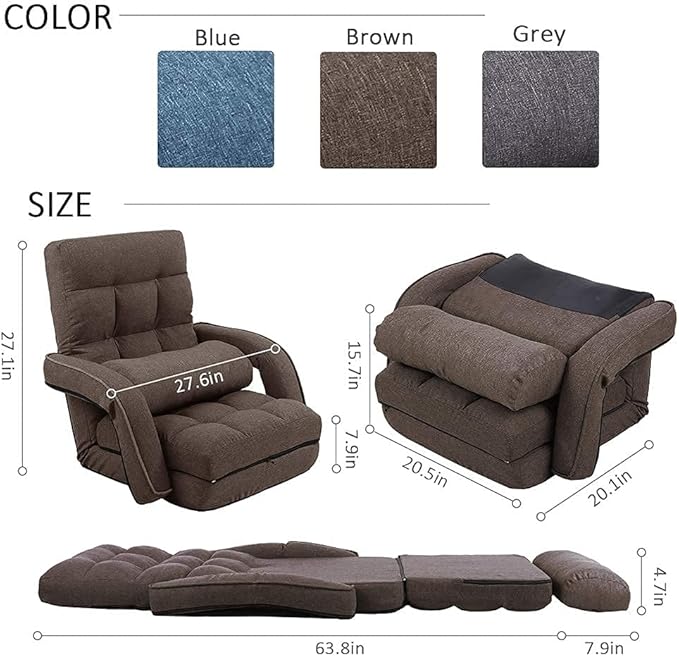FLOGUOR 14-Position Adjustable Floor Chair, Chaise Lounge Indoor, Folding Lazy Sofa with Armrests and a Pillow Padded Adults Gaming Chairs for Living Room, Bedroom Factory Price (Brown) 8803CO