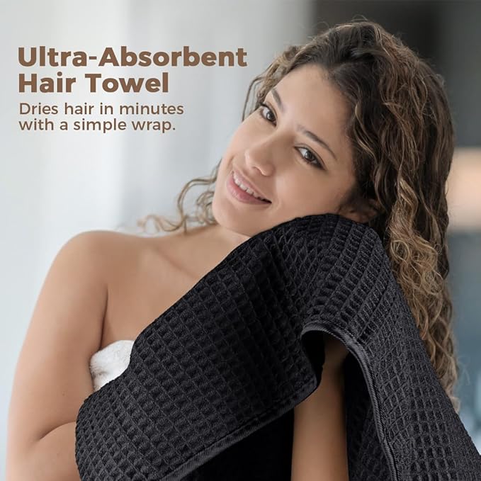 HOMEXCEL 2 Pack Microfiber Hair Towels Waffle Weave- 40 x 26.5 inches Fast Drying Turbans for Long, Thick, Curly Hair - Anti Frizz Wrap with Elastic Strap, Black/Grey