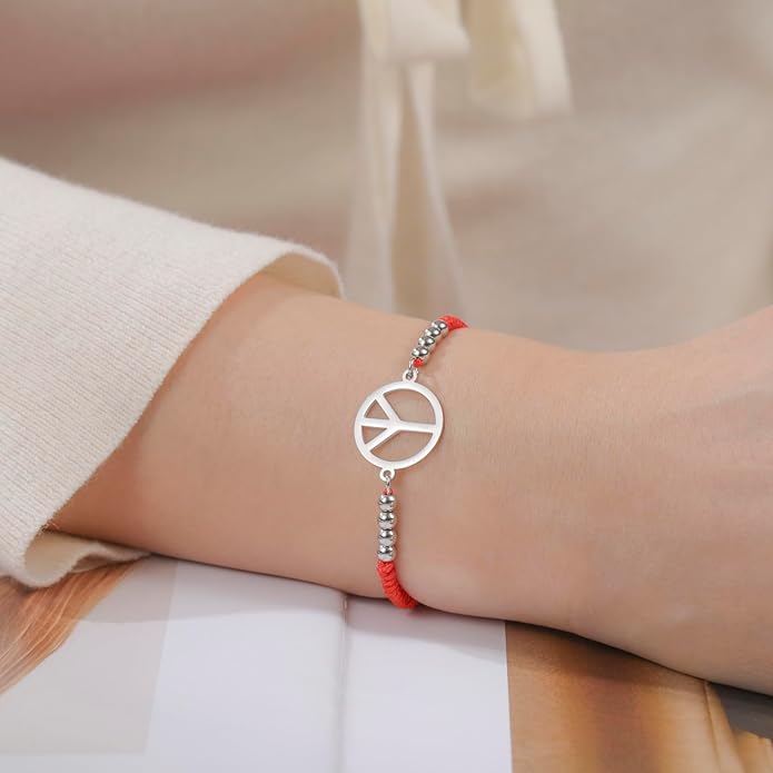 LIKGREAT Peace Adjustable Beaded Bracelet Peace Sign Symbol Pendant Handmade Braided Wax Cords Bracelet for Women