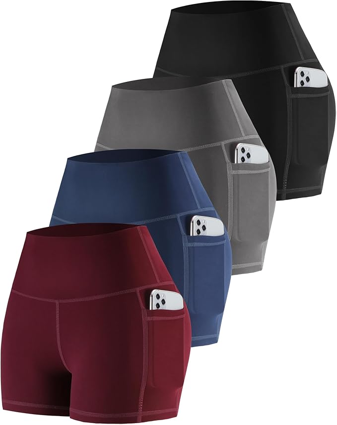 CHRLEISURE Womens Biker Yoga Shorts with Pockets: High Waisted Tummy Control Spandex Workout Athletic Gym Shorts 4 Packs