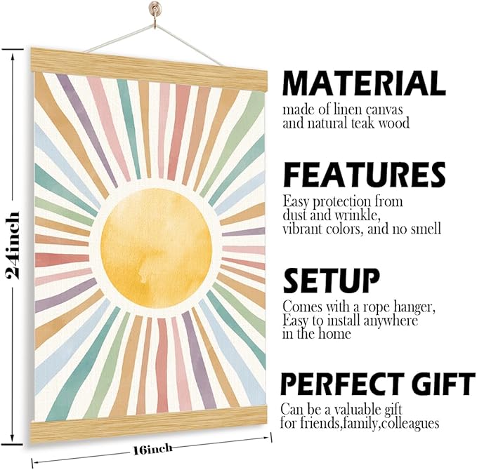 YGSDZY Sun Playroom Poster, Wood Poster Hanger, Watercolor Nursery Sun Print, Rainbow Wall Art, Girls Room Decor, Playroom Decor, Boho Decor, School Psychology, Mental Health Wall Decoration