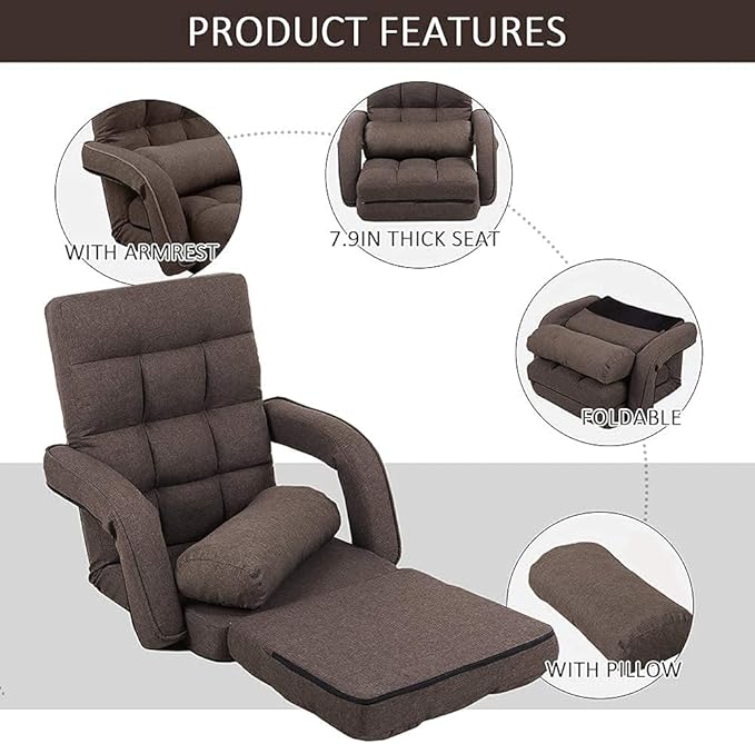 FLOGUOR 14-Position Adjustable Floor Chair, Chaise Lounge Indoor, Folding Lazy Sofa with Armrests and a Pillow Padded Adults Gaming Chairs for Living Room, Bedroom Factory Price (Brown) 8803CO