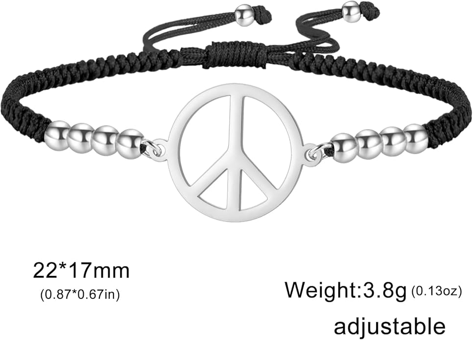 LIKGREAT Peace Adjustable Beaded Bracelet Peace Sign Symbol Pendant Handmade Braided Wax Cords Bracelet for Women