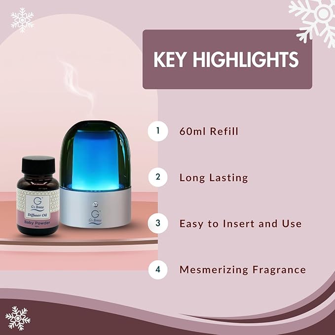 G's Breeze Smart Aroma Diffuser with 60ml Baby Powder Scent Refill – Bluetooth & Wi-Fi App Control - LED Lighting & Adjustable Intensity - Long-Lasting Soft Powdery Fragrance for Home or Office