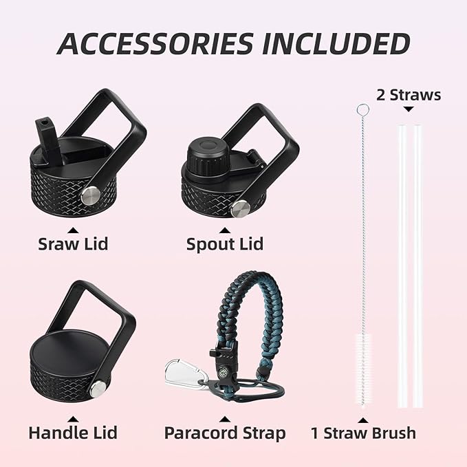 BJPKPK 2/3 Gallon Water Bottle with Straw Lid, 50oz, 64oz, 87oz, 128oz Large, Stainless Steel Water Bottles with 3 Lids and Paracord Handle, Double Wall Vacuum Metal Jug, Black