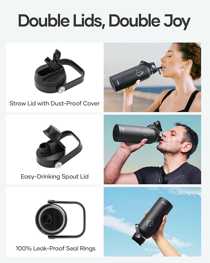 BUZIO 40oz Insulated Water Bottle, Stainless Steel Water Flask with Straw Lid and carrying pouch, Keep Cold 48h Leak Proof Double Wall Vacuum Travel Mug Metal Canteen for Gym Camp Beach, Black