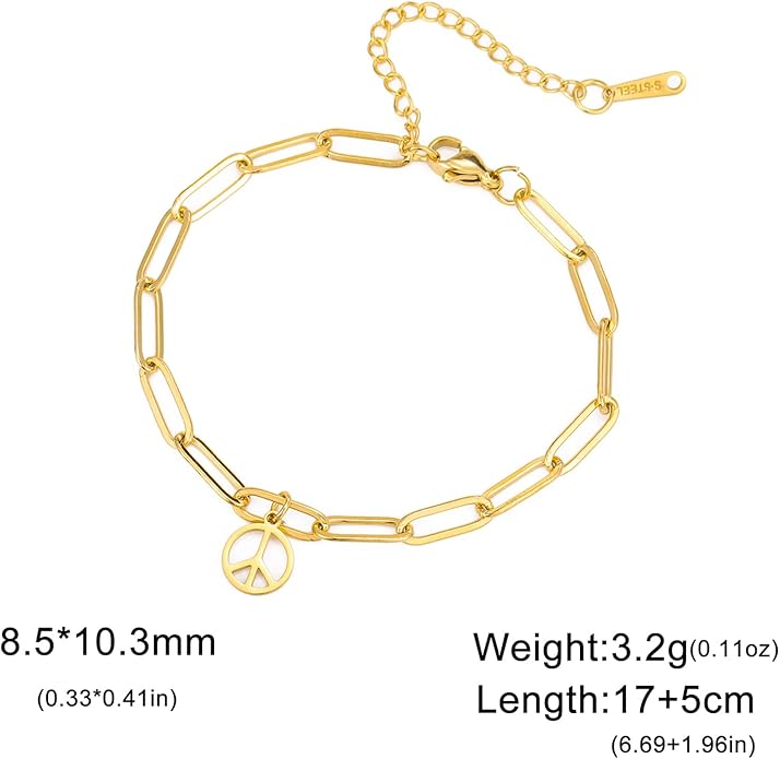 VASSAGO Peace Sign Bracelet Anklet for Women Men Love Peace Sign Symbol Stainless Steel Dainty Paperclip Chain Bracelets 1960s 1970s Hippie Party Dressing Accessories Jewelry
