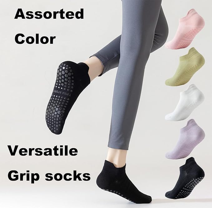 Women's Pilates Grip Socks Seamless Breathable Cotton Yoga Socks Non Slip 5-Pack