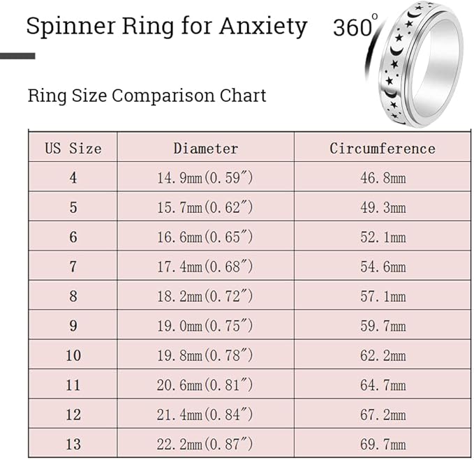 OreilleStar Anxiety Ring for Women Fidget Ring Anxiety Relief Items Spinner Rings for Anxiety Silver Moon Star Fidget Rings for Women men Anxiety Band Ring