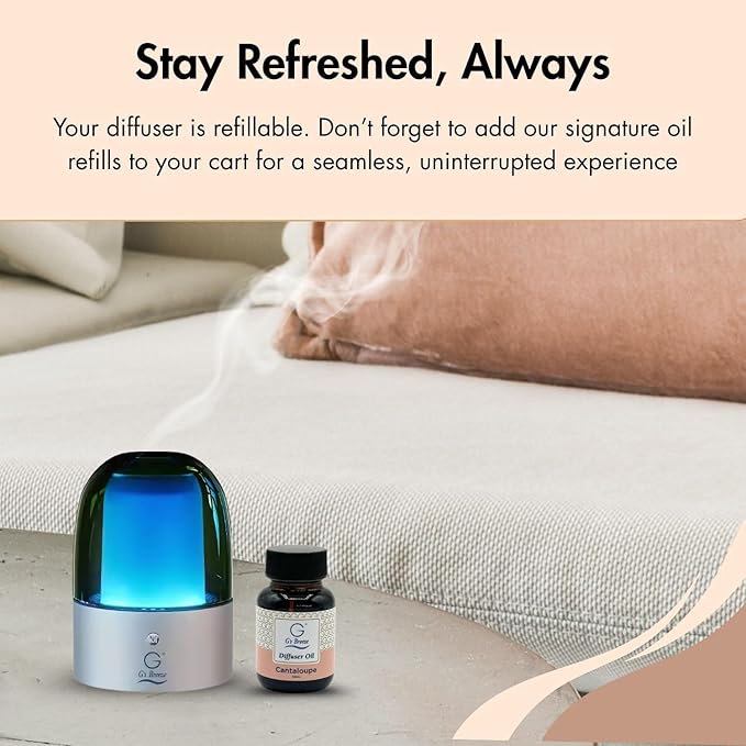 G's Breeze Smart Aroma Diffuser with 60ml Cantaloupe Scent Refill – Bluetooth & Wi-Fi App Control - LED Lighting & Adjustable Intensity - Long-Lasting Sweet Fruity Fragrance for Home or Office