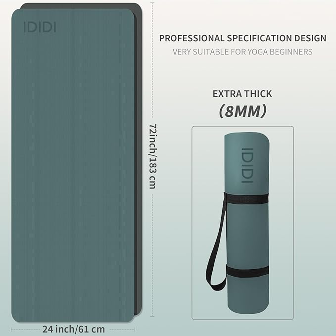 Yoga Mat with Strap,Non-Skid Workout Mat,8mm Thick Yoga Mat,POE Yoga Mats for Women Men Kids,Exercise Mat with Easy-Cinch,72"x24"x0.32” (183x61x0.8cm) (Deep green+Gray)