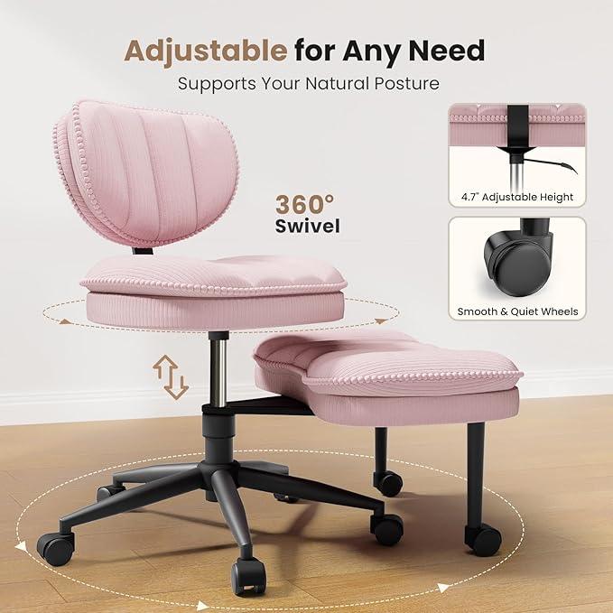 Cross Legged Office Chair, Ergonomic Cloud Criss Cross Desk Chair, Meditation Chair with Wheels, Height Adjustable Seat for ADHD, Wide Kneeling Chair with Back Support, Pink