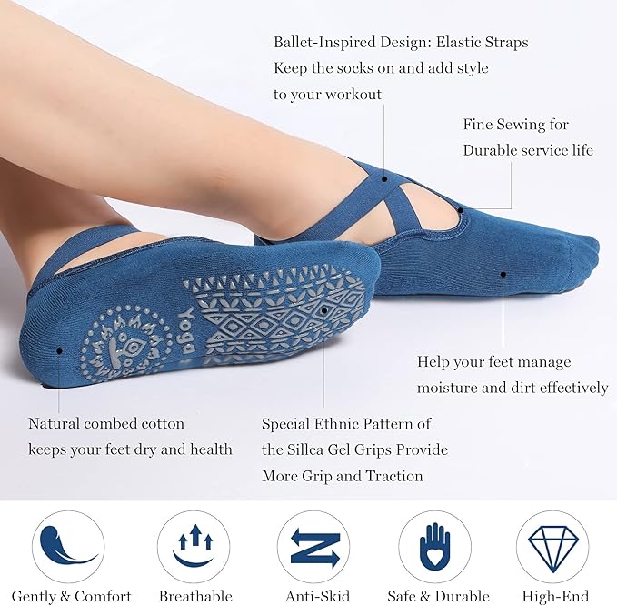 Geyoga 6 Pairs Pilates Socks for Women Barre Yoga Ballet Non-slip Athletic Socks with Grip Straps for Barefoot Workout